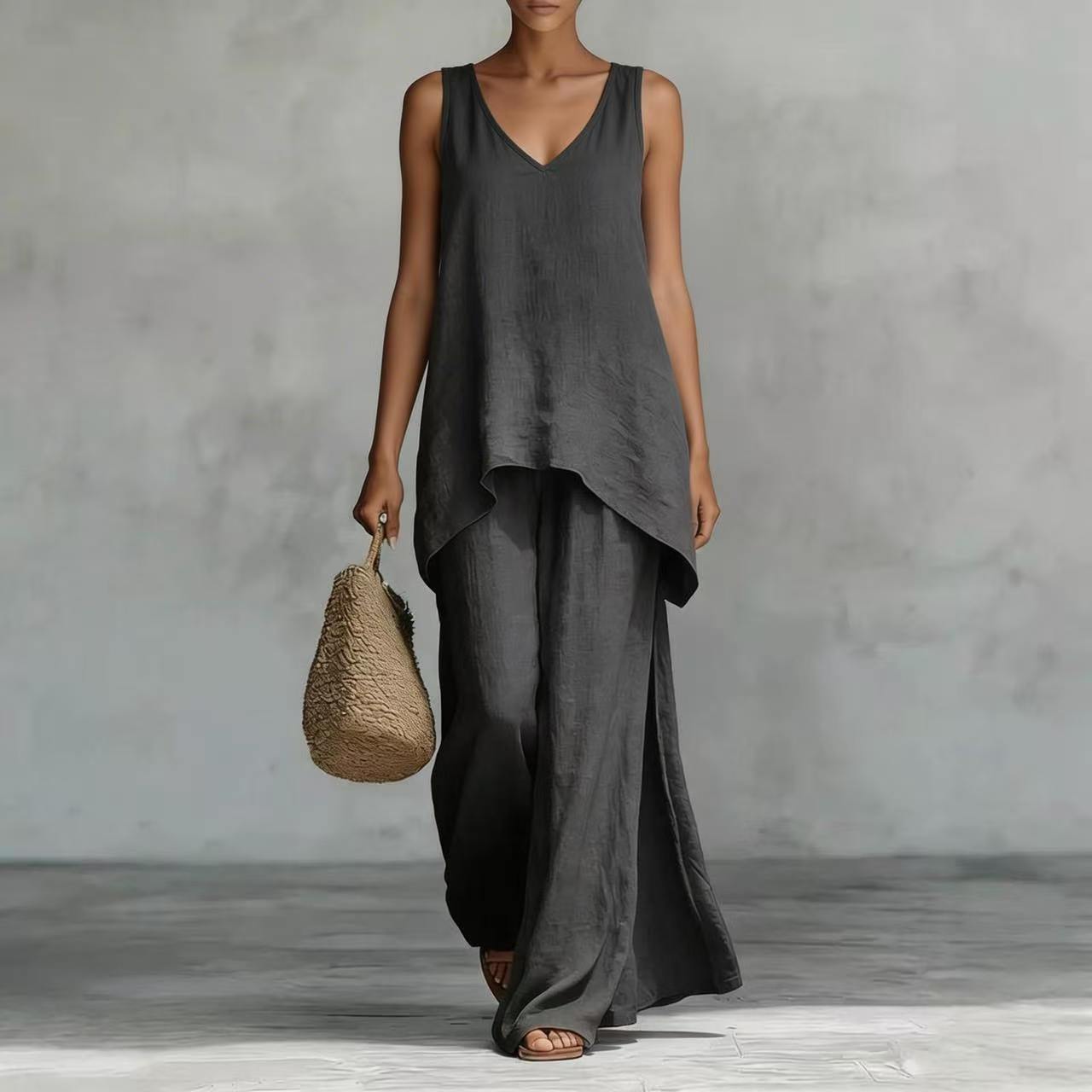 New Casual Bohemian-style Wide-leg Pants And V-neck Vest Set 