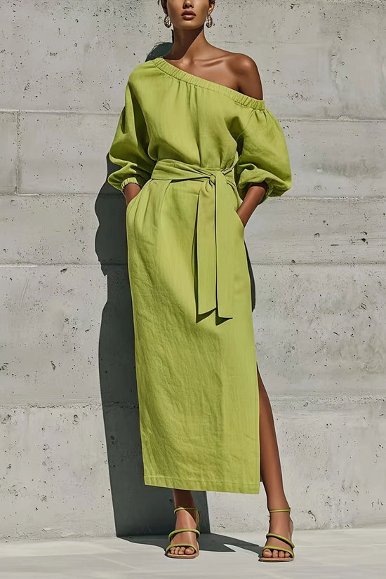 Fashionable Elegant Loose Linen Off-Shoulder Side Slit Dress with Belt 
