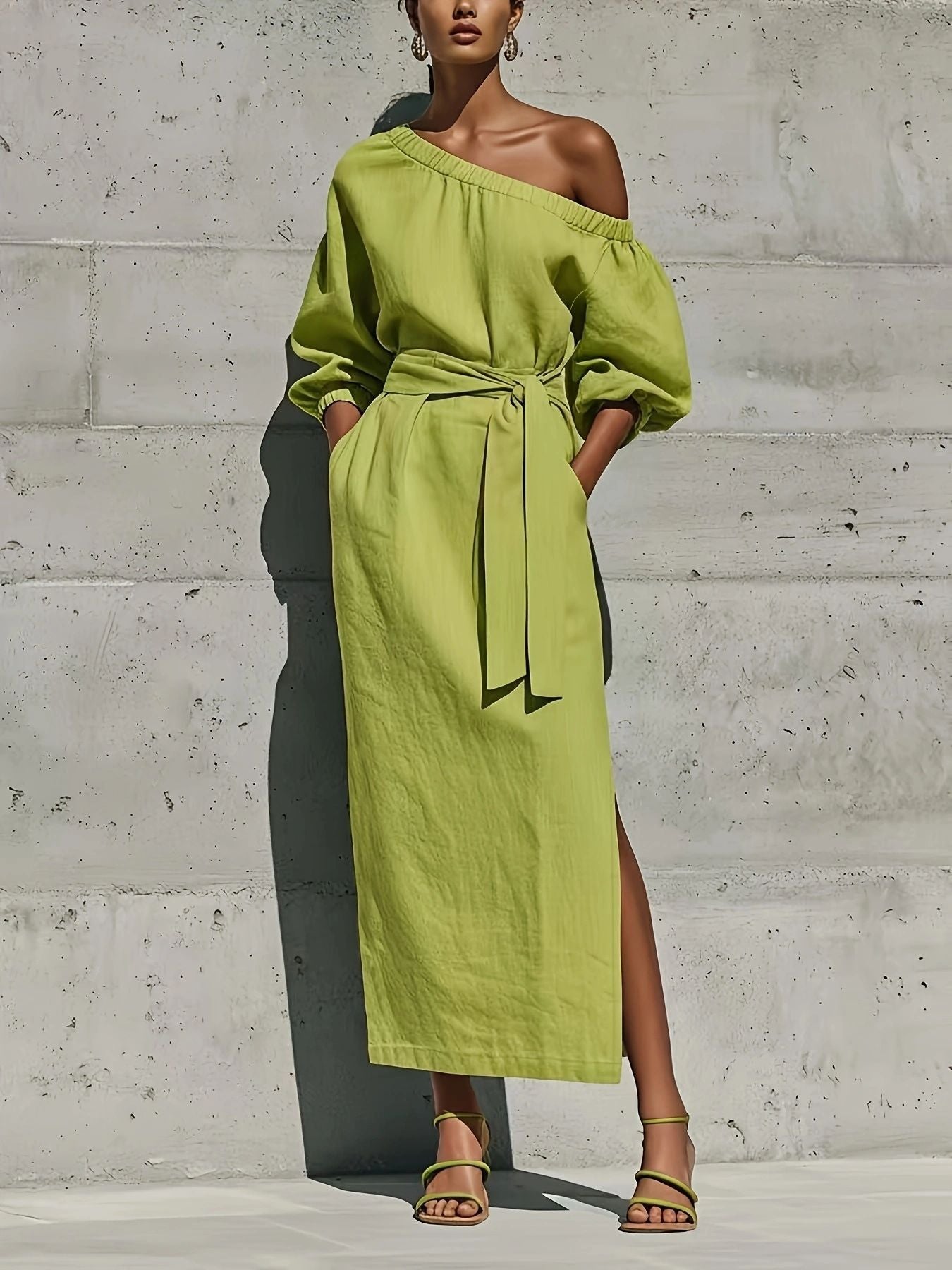 Fashionable Elegant Loose Linen Off-Shoulder Side Slit Dress with Belt 