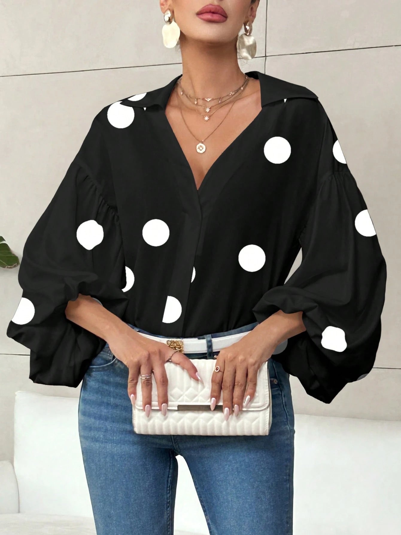 Polka Dot Half-Open Neck Loose Bubble Sleeve Long Sleeve Top 