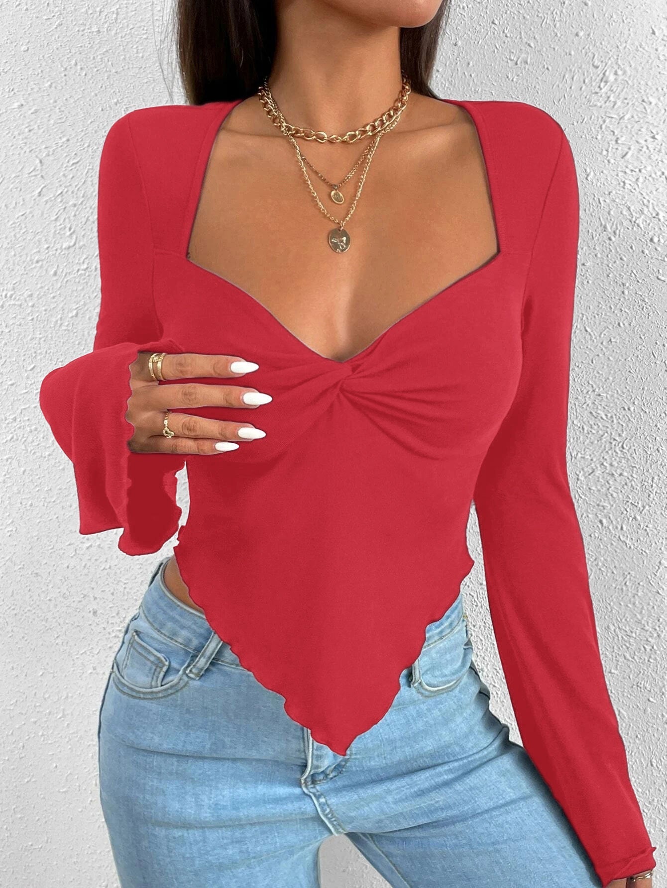 Ladies' elegant style T-shirt for spring and summer new style, slim fit short cut with slanted collar, solid color top 