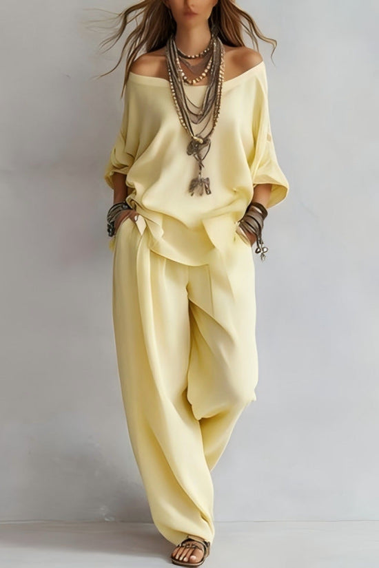 Chiffon Puff-Sleeve Top & Wide-Leg Pants Set – 15 Colors 
