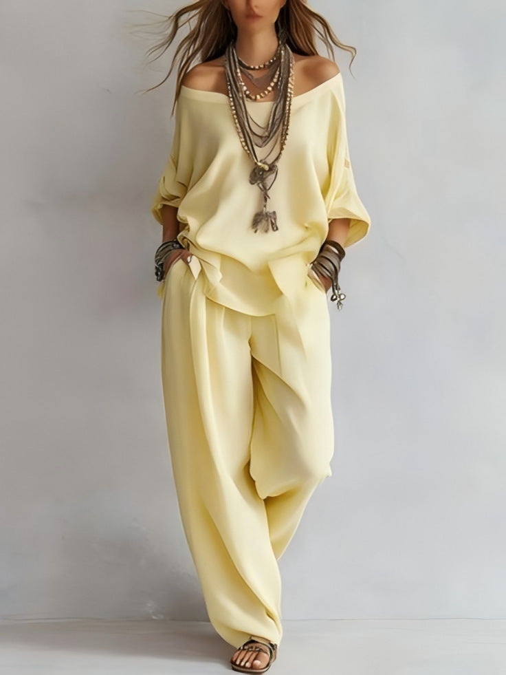 Off-Shoulder Cotton-Linen Wide-Leg Pants Set – 6 Colors, S–5XL 