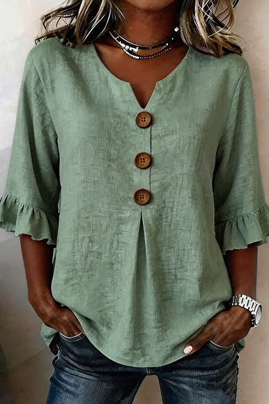 Fashionable Cotton Linen V-Neck Button-Up Blouse for Women Summer Casual Top 