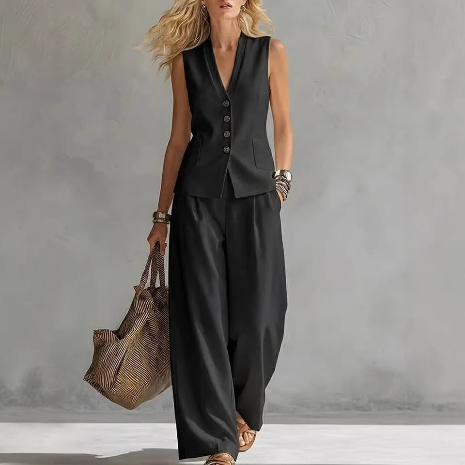 Womens Solid-Colored Sleeveless Casual Linen Tank Top And Pants Set 