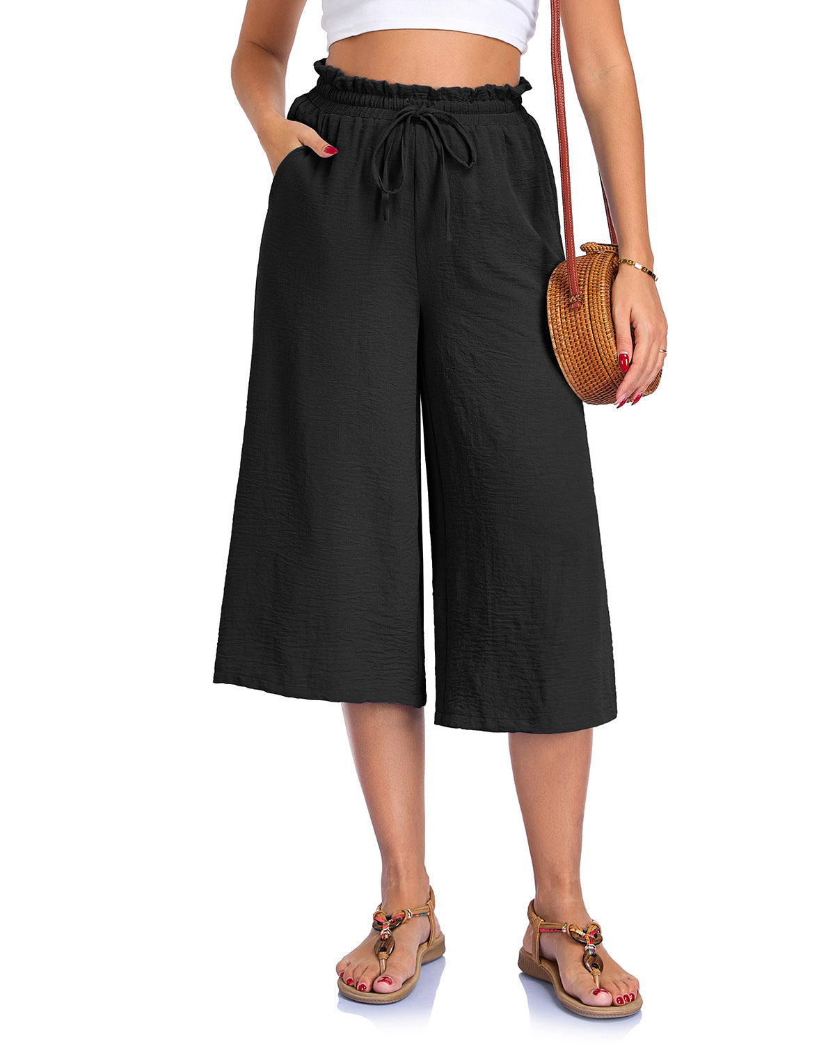 Women's Solid Color All-Match Elastic Cropped Pants Loose Wide-Leg Trousers 