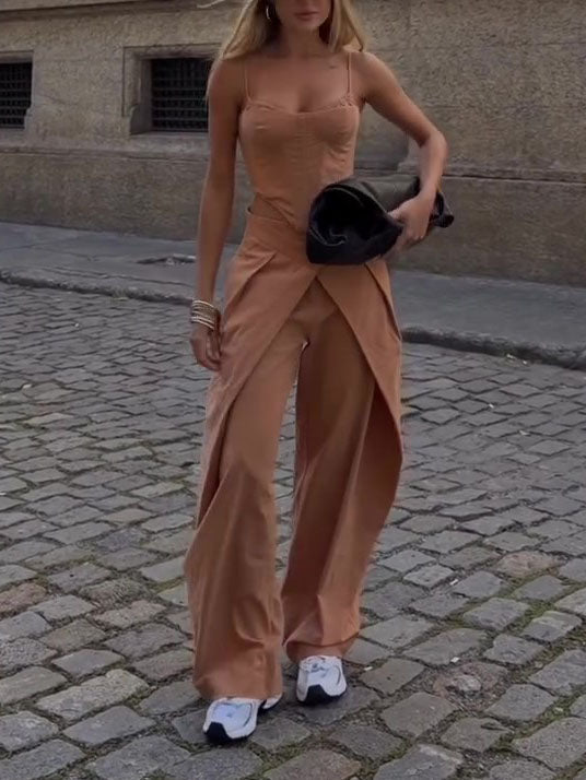 Women's Camel 2-Piece Set - Spaghetti Strap Corset Top & Wrap Waist Wide Leg Pants 