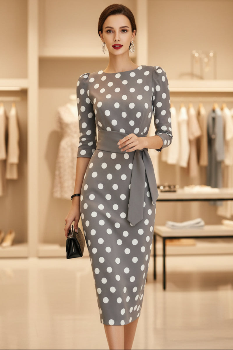 Retro Polka-dot Navy Blue Belted Waist-hugging Elegant Dress 