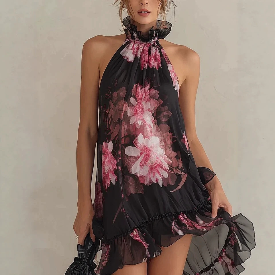 Summer New Women's Chiffon Printed Off-Shoulder Sexy Dress 