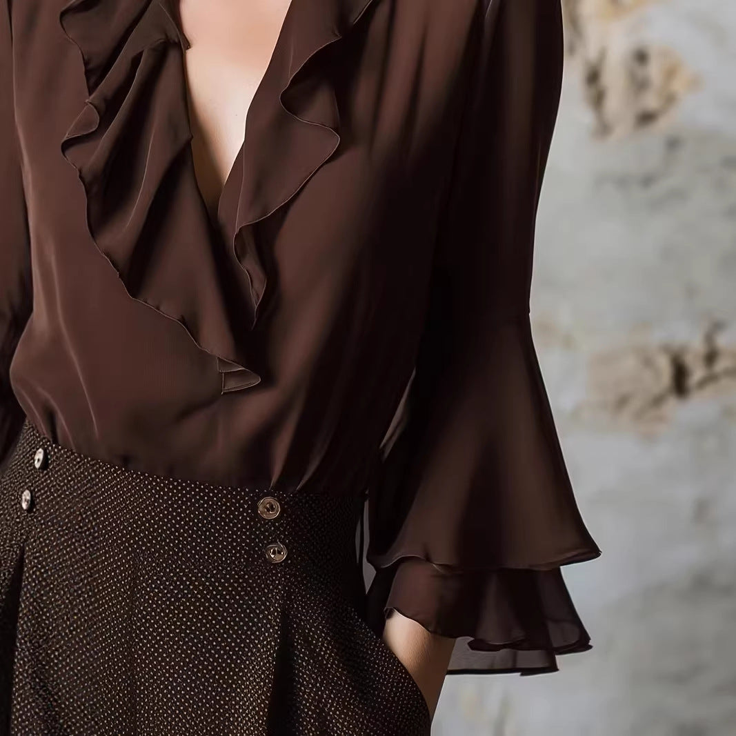 Charming Ruffle Blouse for Women, V-Neck Long Sleeve Shirt Elegant Style Feminine Top 