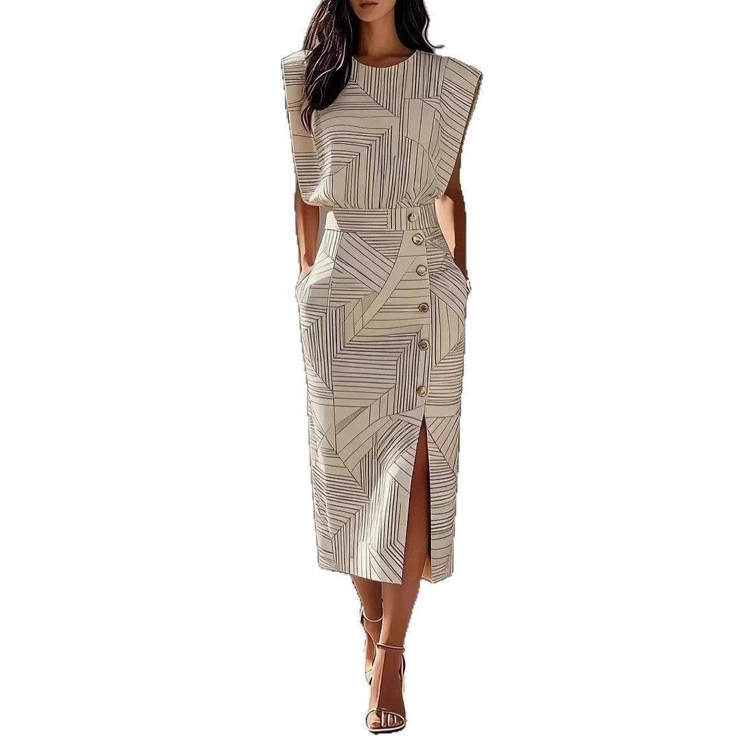 Fashion ampPrinted Sleeveless Top with Slit Long Dress Set 