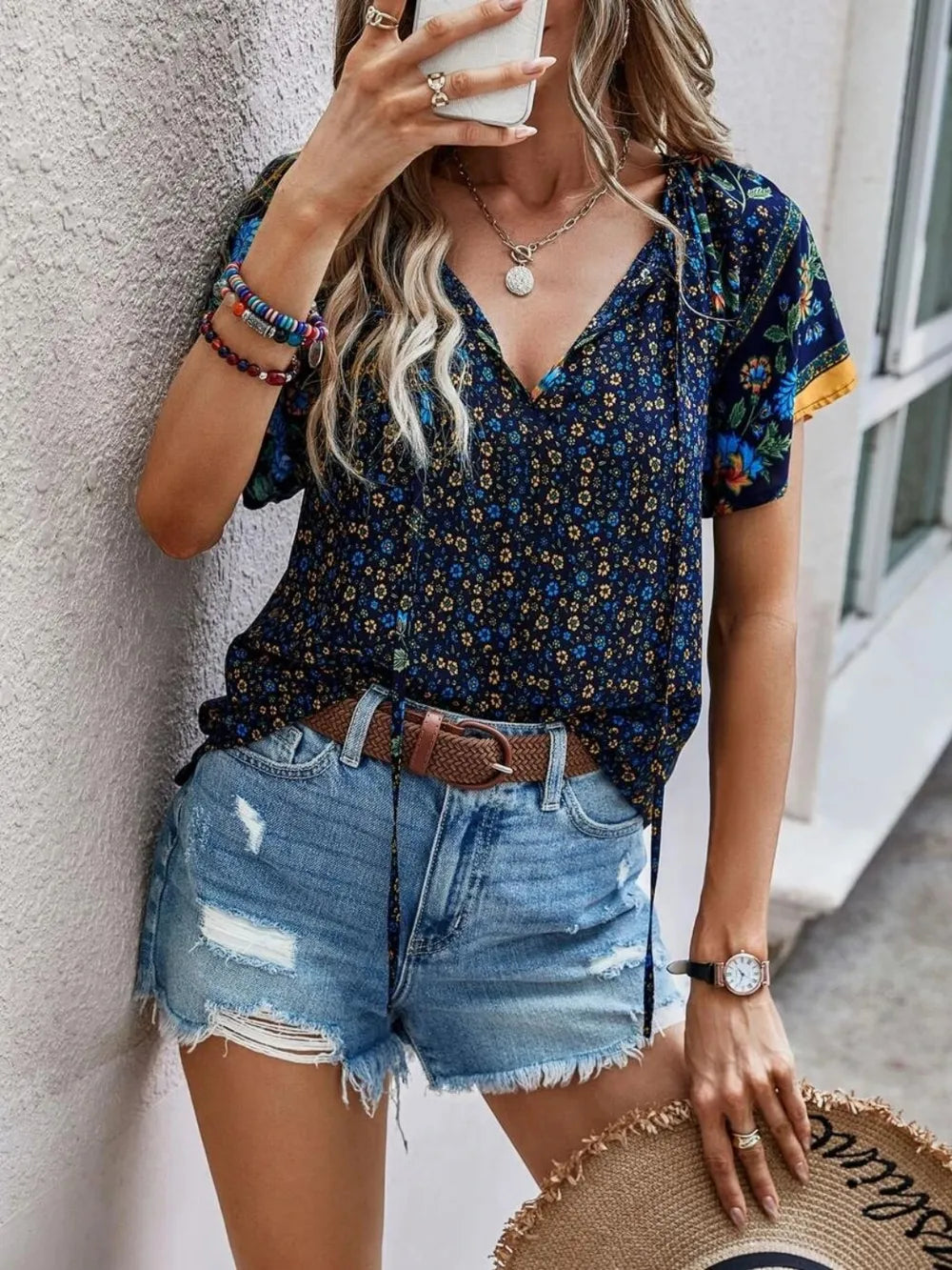 Printed Tie Neck Short Sleeve Blouse 
