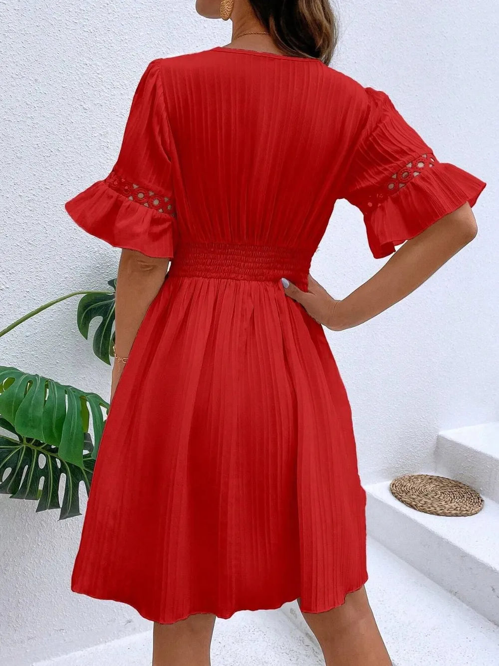 Cutout V-Neck Flounce Sleeve Mini Dress 