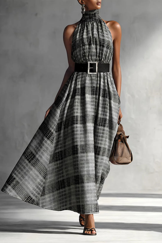 Sleeveless plaid high waisted lace up A-line long skirt 