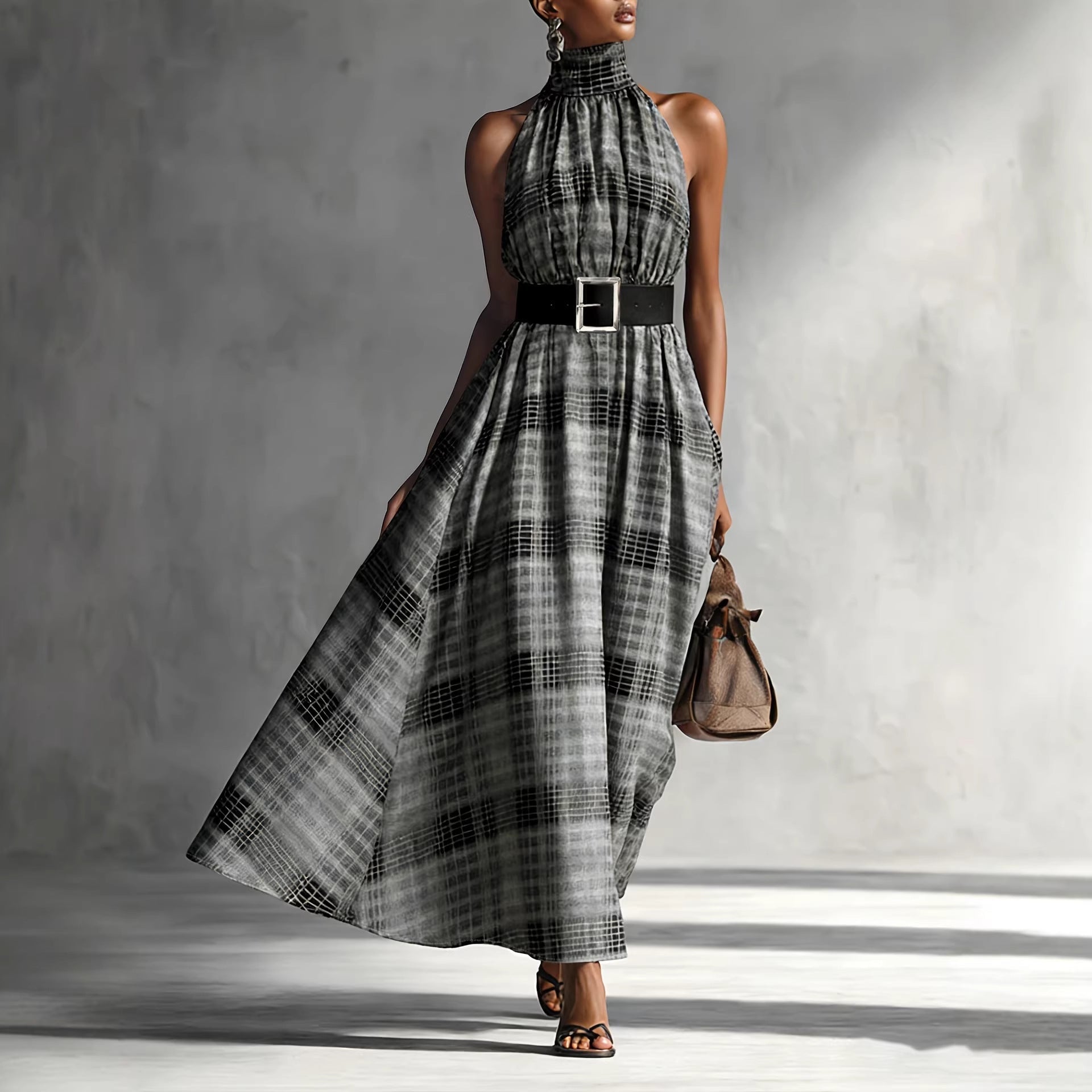 Sleeveless plaid high waisted lace up A-line long skirt 