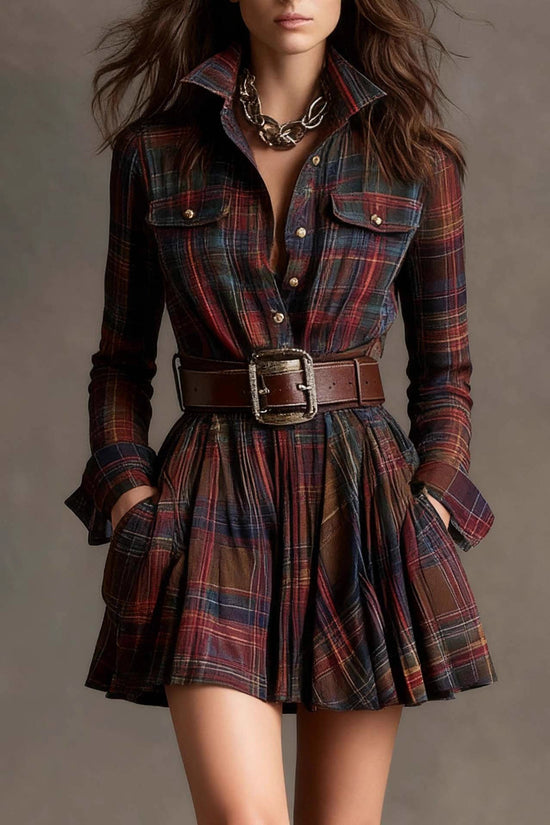 European And American Elegant Plaid Long Sleeve Short Dress Belt 
