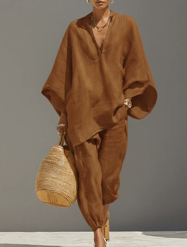 Women's Casual Loose Solid Color Shirt Set 