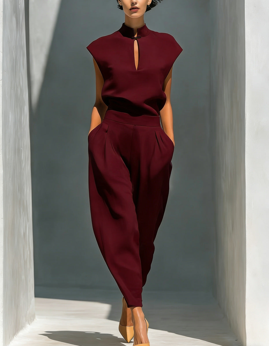 Chinese-style Satin Short-sleeve T-shirt And Pants Set For Women 