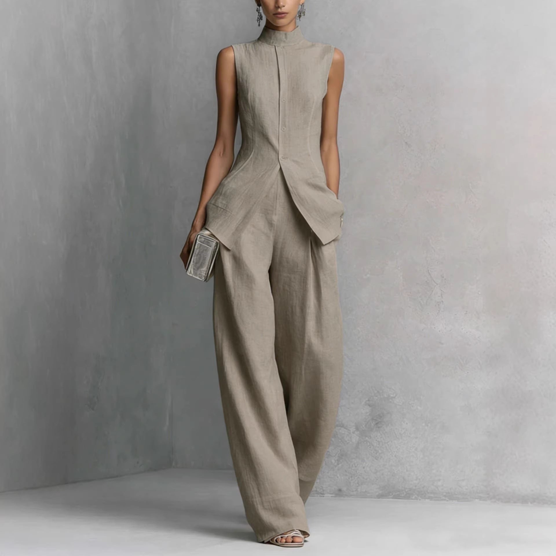 Solid color sleeveless pants set 