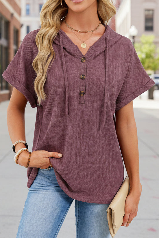 Womens Waffle-Weave Hooded Drawstring Short-Sleeve Top With Buttons 