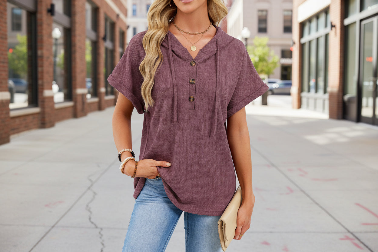 Womens Waffle-Weave Hooded Drawstring Short-Sleeve Top With Buttons 