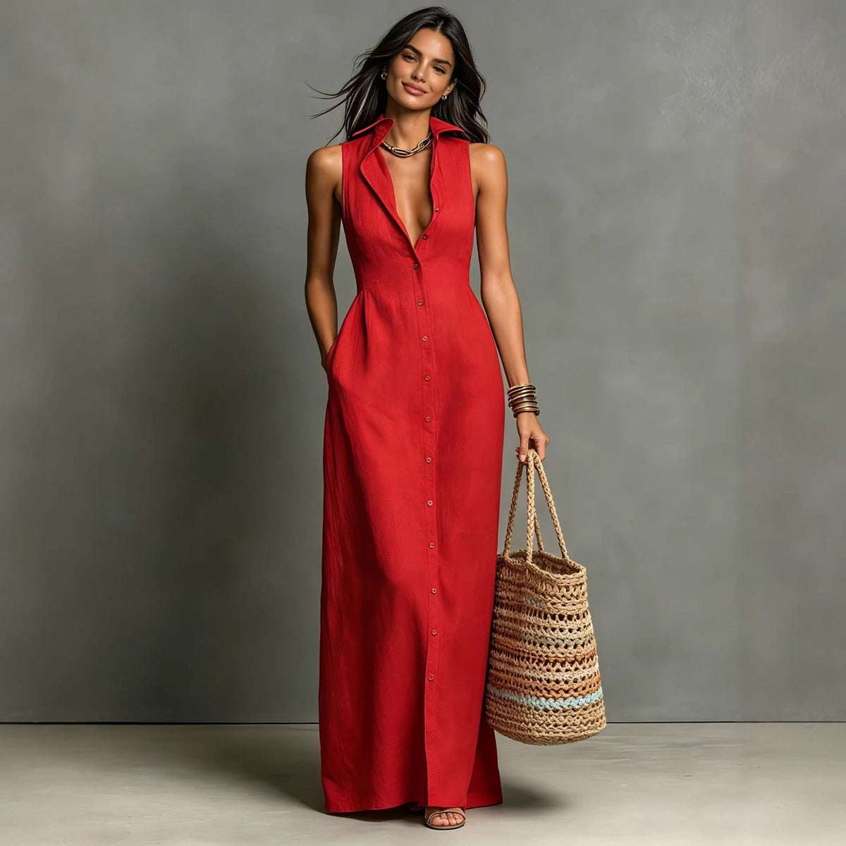 Women's Stand-Collar A-Line Maxi Dress – Resort & Vacation Style 
