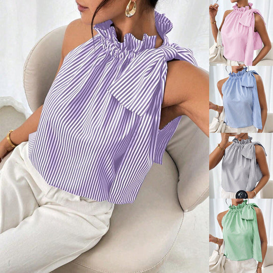 Fashionable Casual Sleeveless Striped Lace Trim High Neck Tie Knot T-Shirt Top 