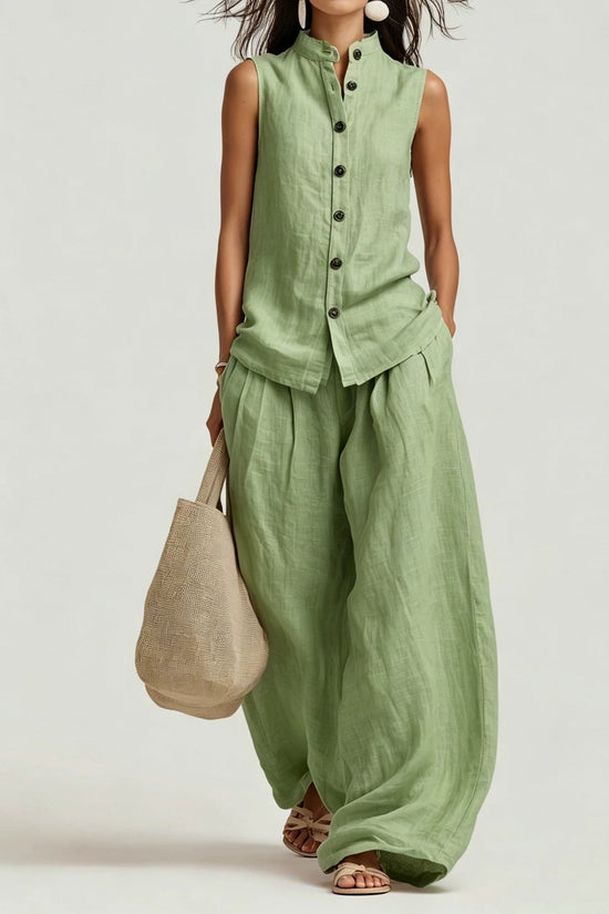 Womens Casual Cotton-Linen Sleeveless Crew-Neck Vest Top And Pants Two-Piece Set 