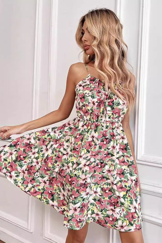 Elegant Sleeveless Printed Dress with Elastic Waist and Straps for Women 