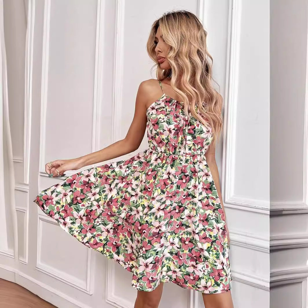 Elegant Sleeveless Printed Dress with Elastic Waist and Straps for Women 