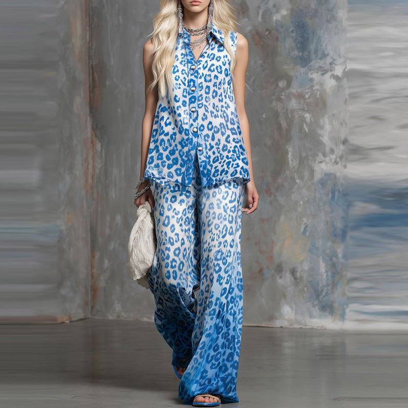 Loose-fit Leopard-print Sleeveless Shirt And Trousers Two-piece Set 