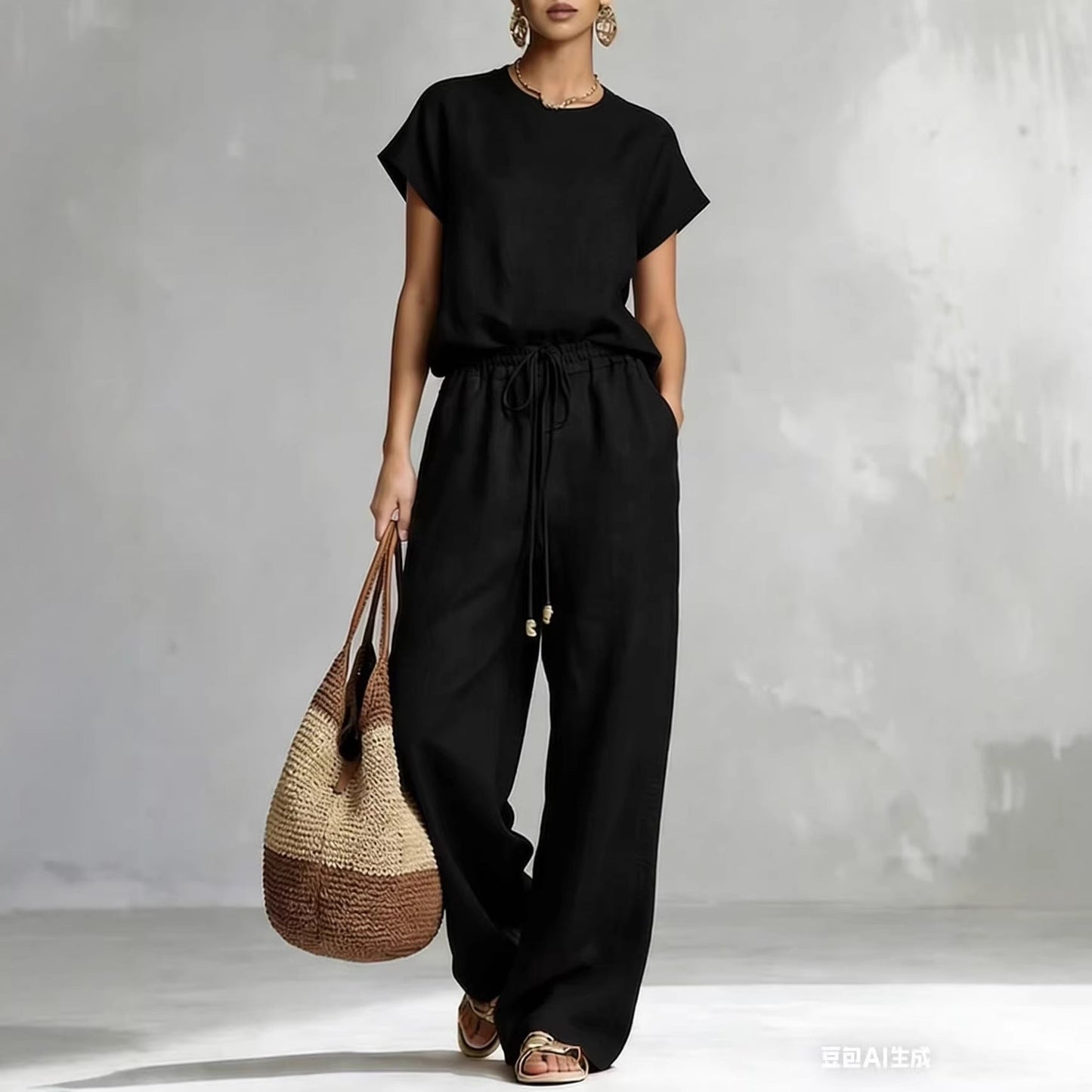 Womens Casual Loose Solid-Color Zip-Up Crew-Neck Wide-Leg Pants Set 
