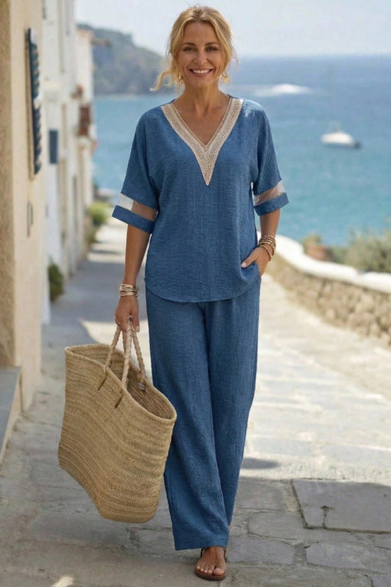 Fashionable V-neck Embroidered Top With Casual Wide-leg Pants Elegant Womens Set 