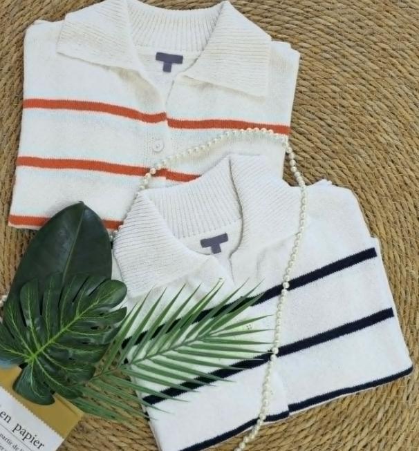 Women’s Knit Button Cardigan with Striped Short Sleeves CJ US