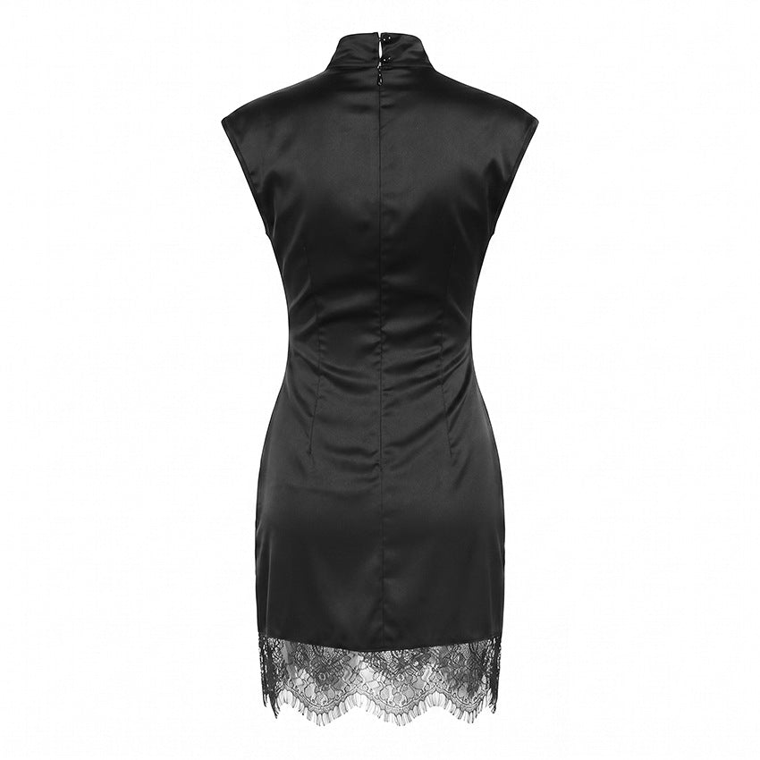 High neck lace patchwork slim fit sleeveless dress for women 