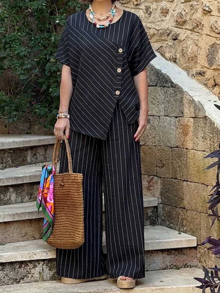 Striped Short-sleeve Shirt And Loose-fitting Pants Two-piece Set 