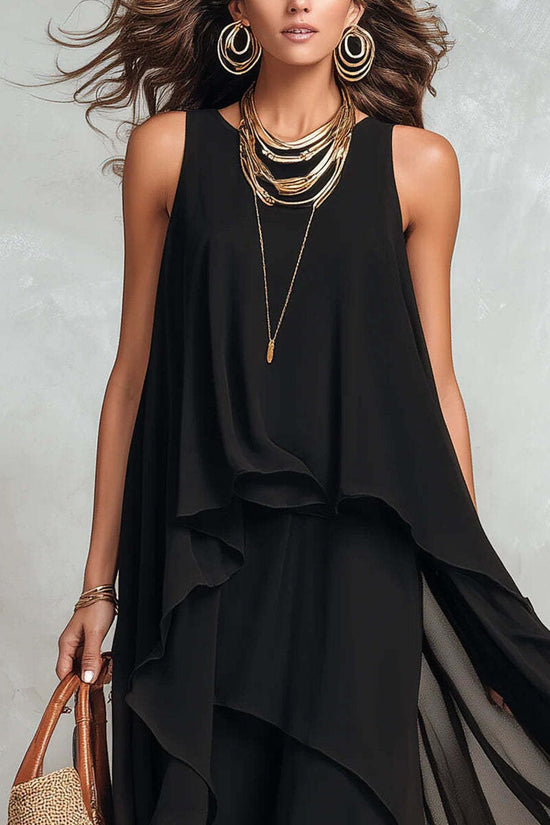 Black Sleeveless Asymmetrical Chiffon Maxi Elegant Flowing Womens Dress 