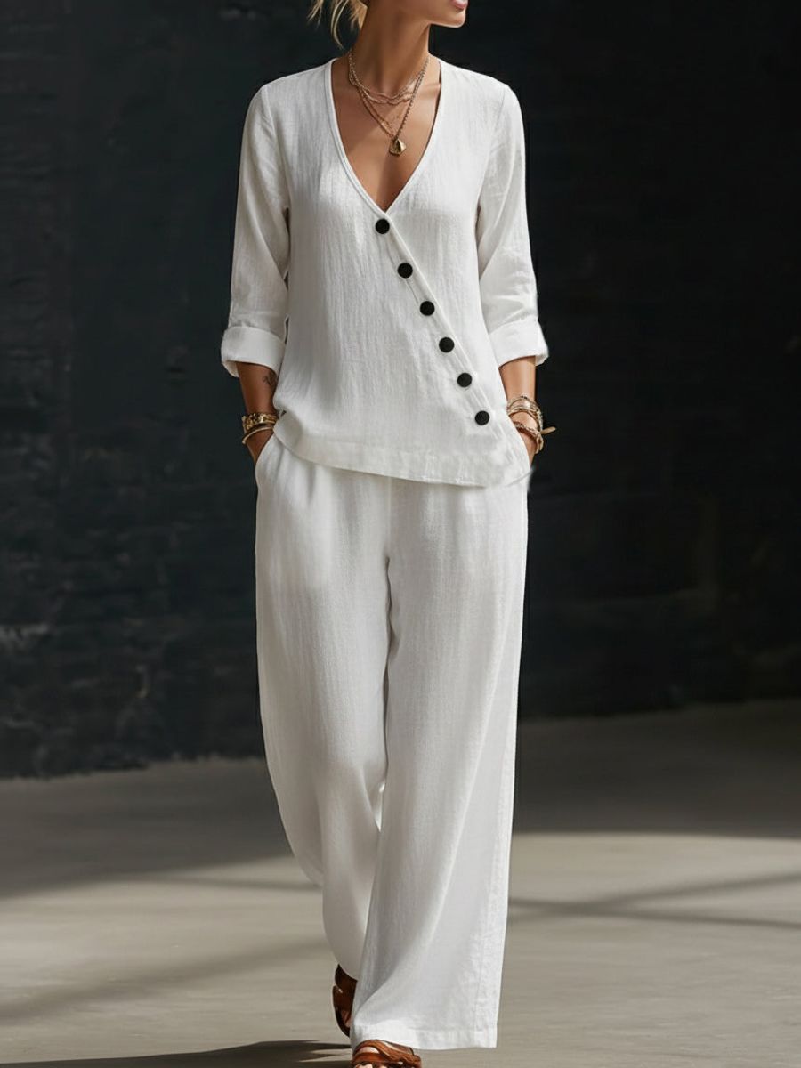 Loose-fitting V-neck Cross-over Shirt And Wide-leg Pants 