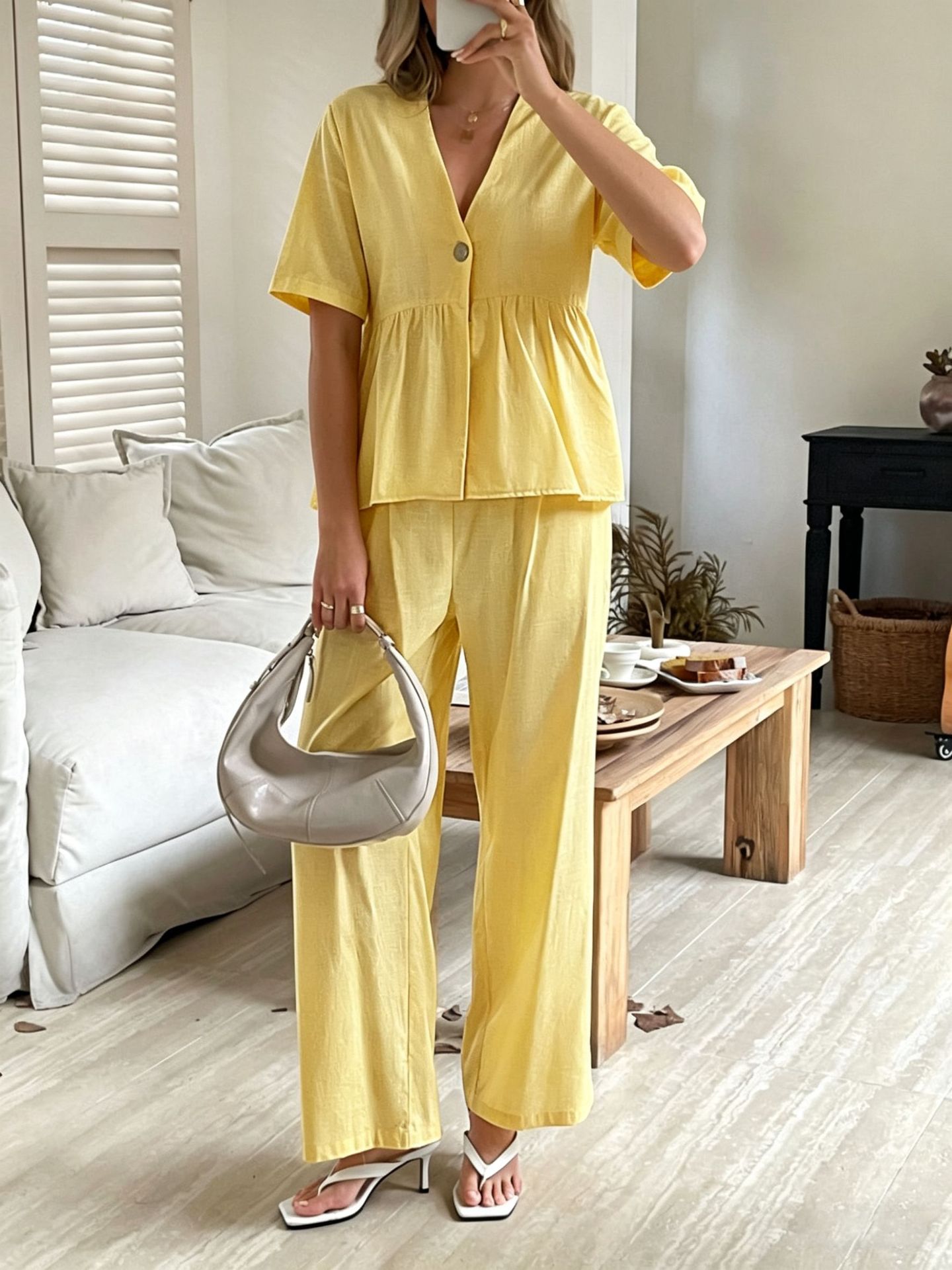 V-neck Loose-fit Short-sleeve Top And Wide-leg Pants Two-piece Set 