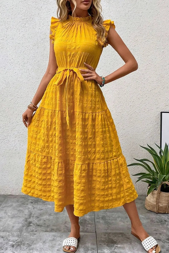 Tied Ruffled Cap Sleeve Midi Dress 