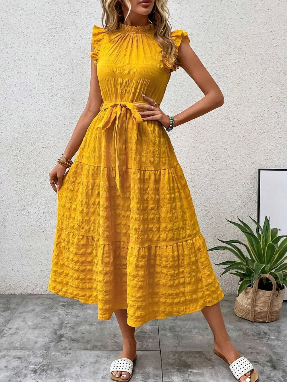 Tied Ruffled Cap Sleeve Midi Dress 