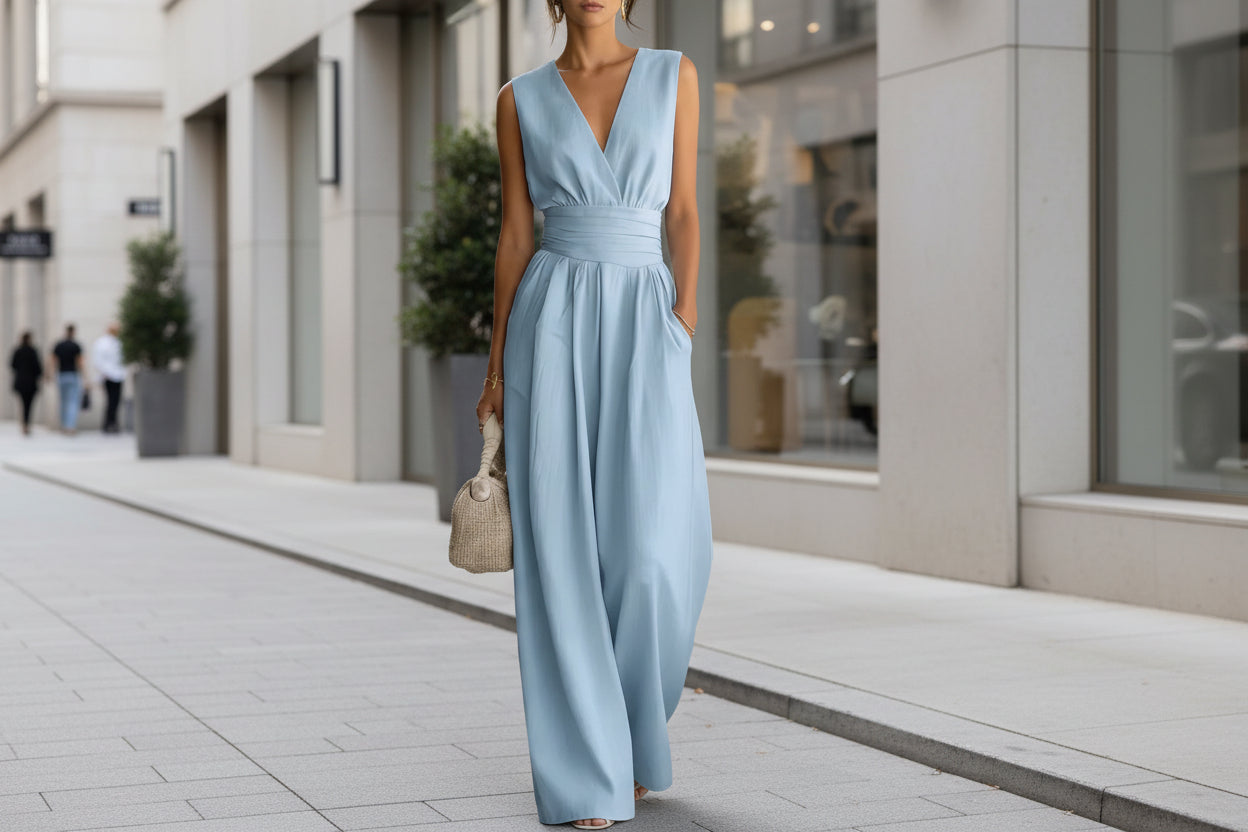 Womens Elegant Sleeveless Waist-Cinching V-Neck Sophisticated Jumpsuit 