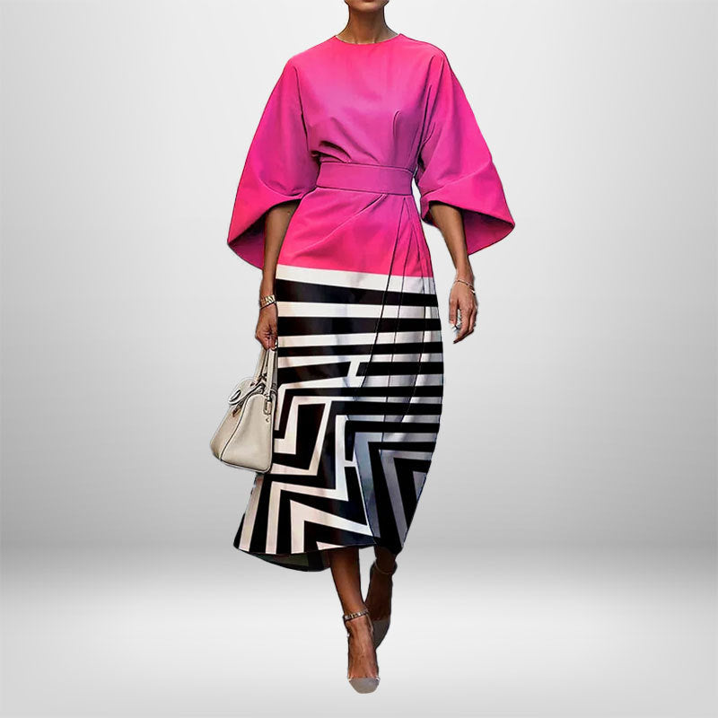 Women's Elegant Fashion Print Round Neck Long Dress 