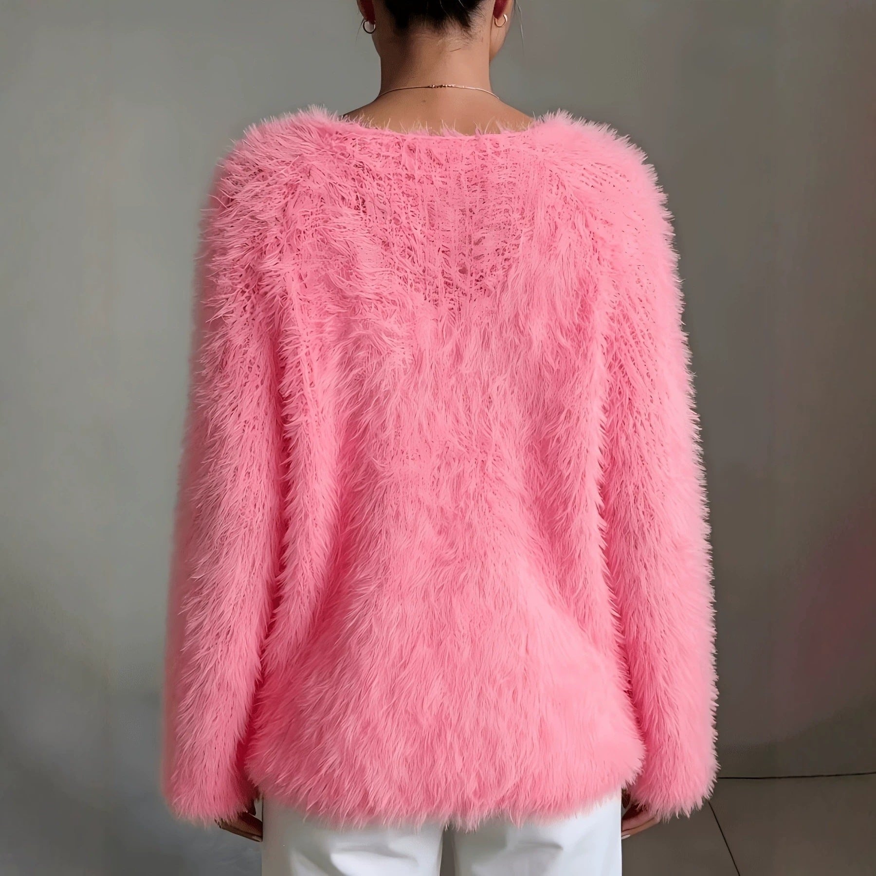 Women's macaron round neck fluffy solid color long sleeved fur top 