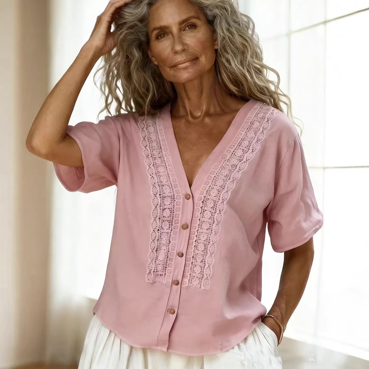 Loose-fit Faux Linen Embroidered Button-up Top 