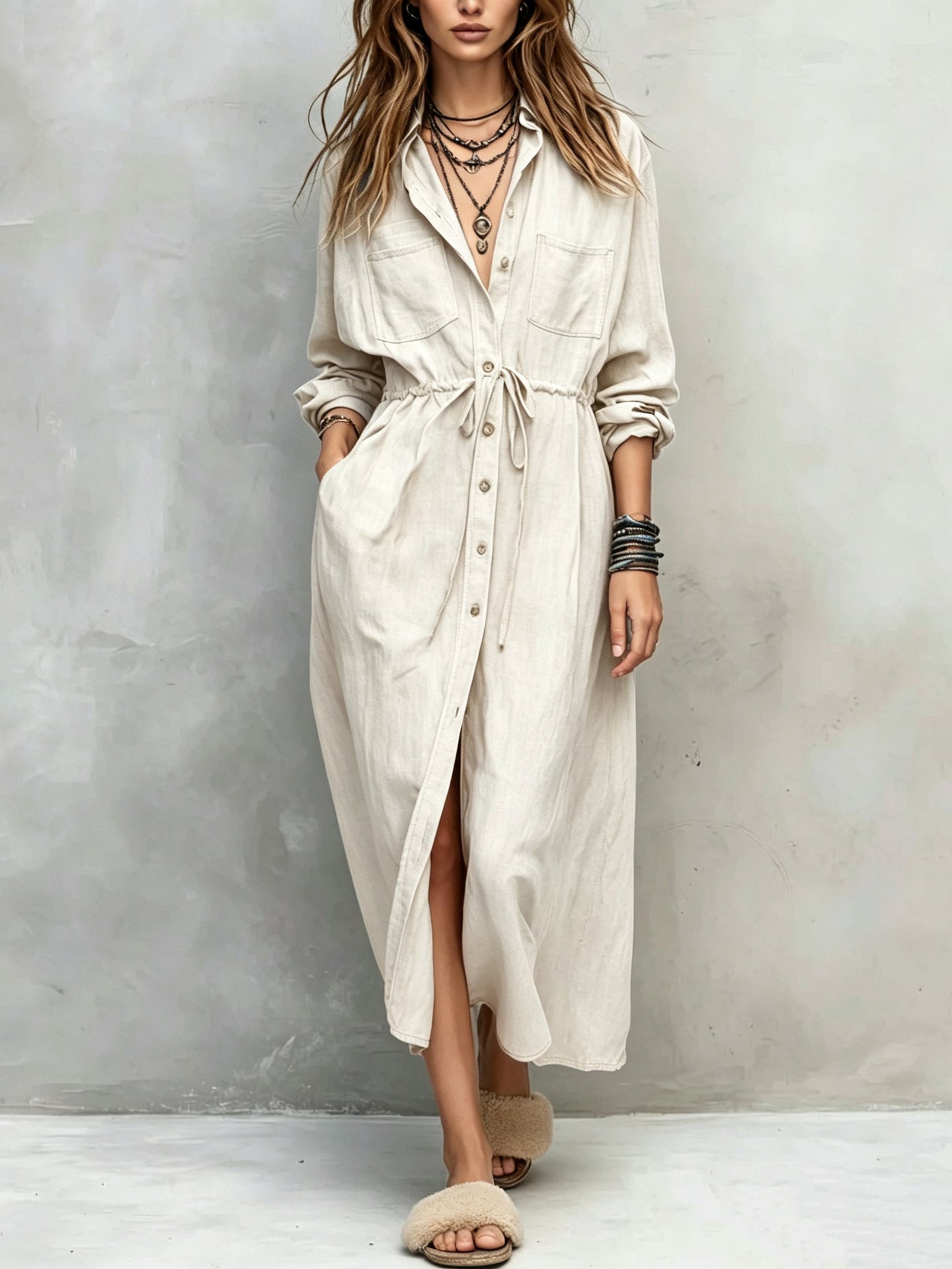 Spring and Autumn Casual Drawstring Waist Shirt Dress Loose Style for Women 