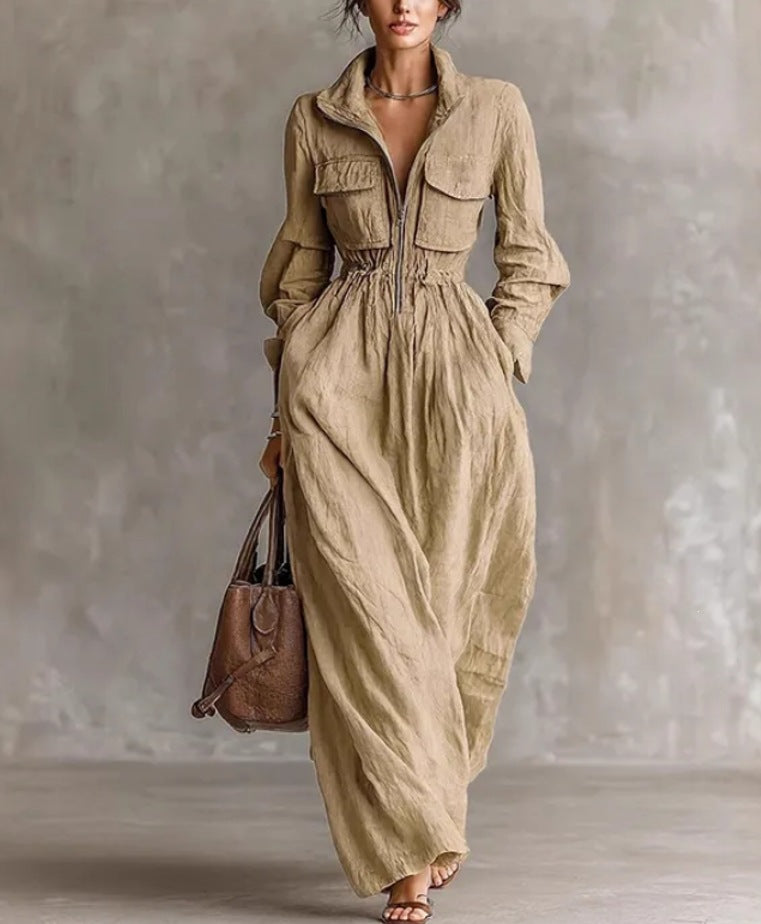 Women's Zipper Collar Elastic Waist Long Dress 