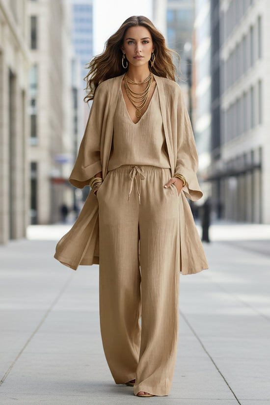 Womens Solid Color V-Neck Cardigan Vest With Pockets And Long Pants Three-Piece Set 