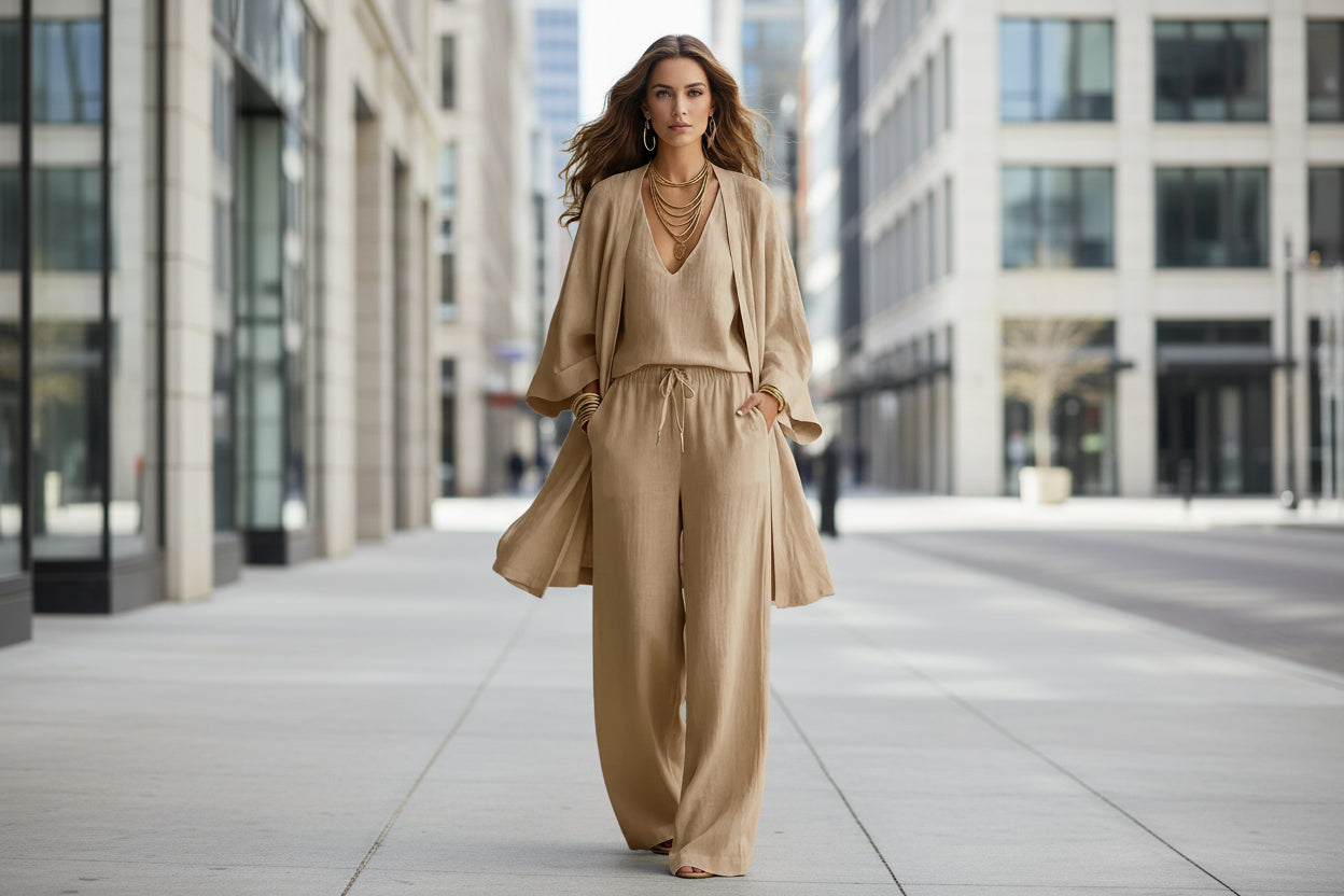 Womens Solid Color V-Neck Cardigan Vest With Pockets And Long Pants Three-Piece Set 