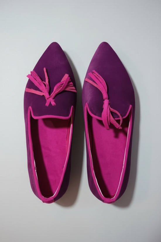Women's Suede Pointed Toe Tassel Flats – Shallow Mouth Low Heel Casual Shoes 